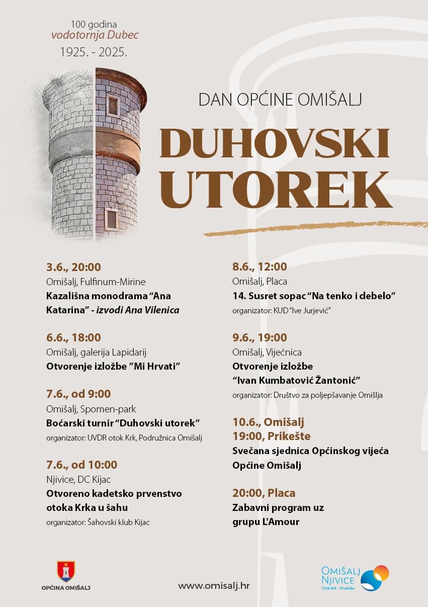 plakat s rasporedom svih događanja, u pozadini je vodotoranj Dubec