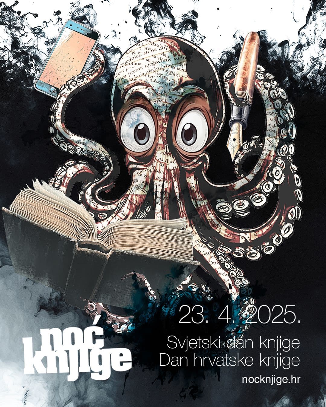 vizual noći knjige za 2025. s hobotnicom koja čita